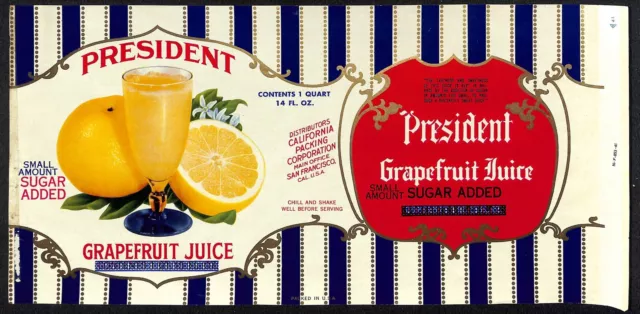 1949 Paper Label President Grapefruit Juice California Packing - Scarce