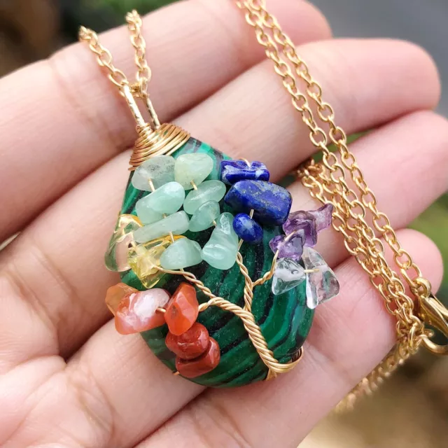 Malachite Gem Stone Tree Of Life Water-Drop Necklace Chakra Healing Amulet Gift