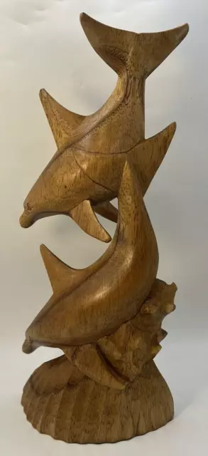 Vintage Hand Carved Wooden Dolphins Sculpture Ornament 31cm High 3