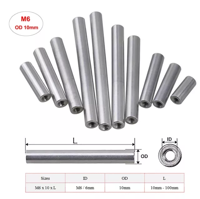 M6 / OD 10mm Aluminum Round Threaded Sleeve Standoff Spacers Long Nuts Connector