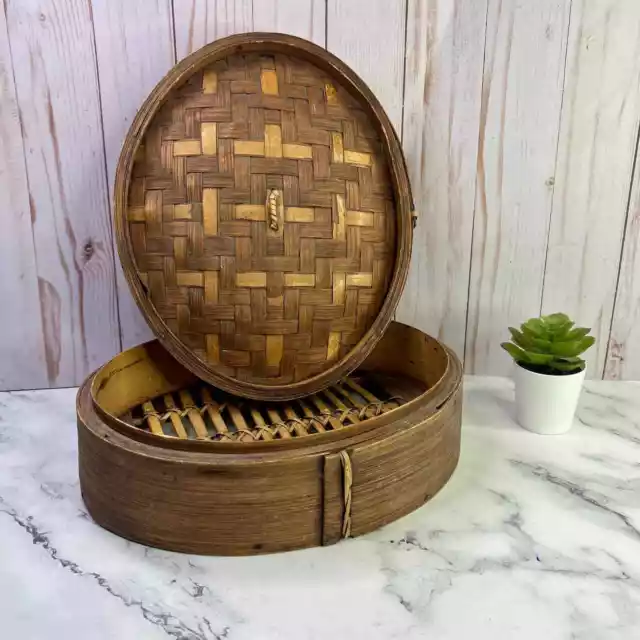 Vintage Handmade Bamboo Steamer Oval Woven Lid Decorative Kitchen 1 Tier