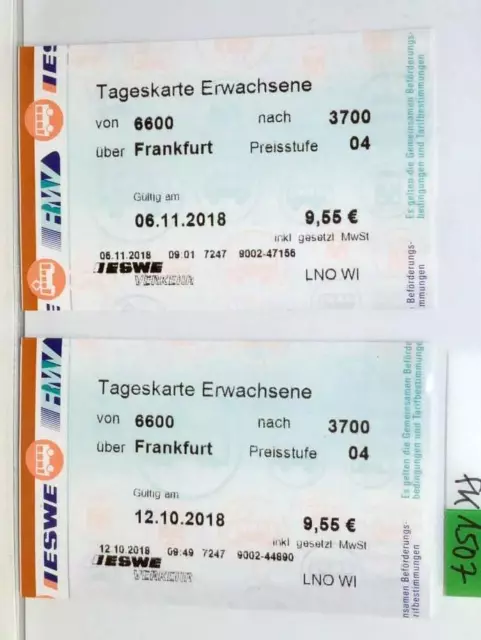 (fk1507) 2 Fahrkarten: ESWE RMV Tageskarte Erwachsene üb Frankfurt 2018