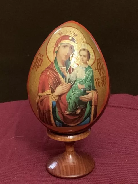 Wooden egg Orthodox Icon figurine Hand painted With Stand 4" In Height