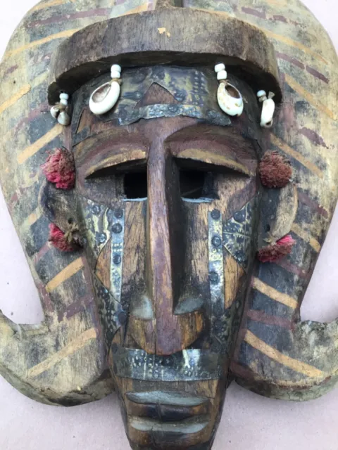 Vintage Antique AFRICAN FACE MASK w/ Metal Shells Paint TRIBAL Hand Carved Wood