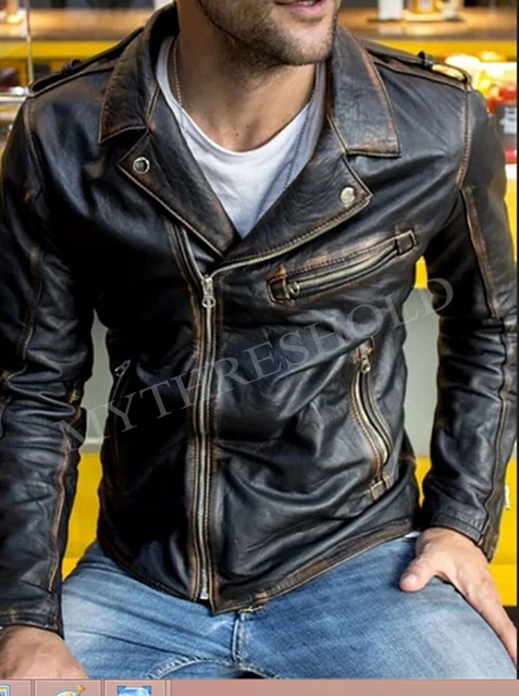 Mens Black Biker Vintage Distressed Motorcycle Cafe Racer Real Leather Jacket