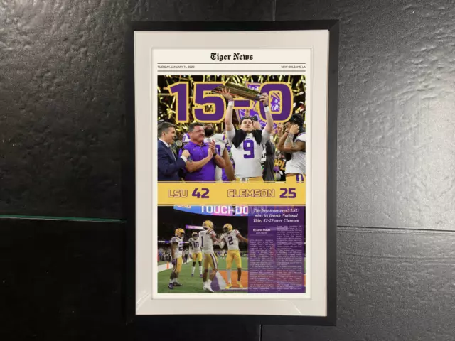 2019 LSU Tigers National Champions 15-0 Undefeated Season Framed Newspaper