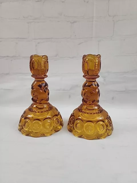 Vtg L.E. Smith Moon & Stars Candle Holders Amber Glass Candlestick Pair 6.25"