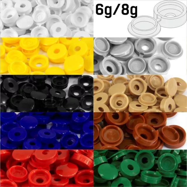 SMALL PLASTIC HINGED SCREW COVER CAPS WHITE YELLOW BLACK BLUE BROWN 6g/8g Gauge