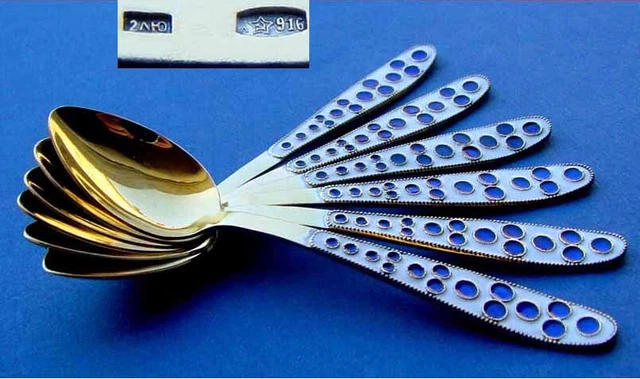 Set, 6 Löffel, Russland, Emaille 916er Silber C114