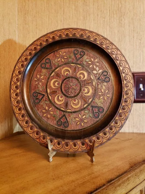 Vintage Hand Carved Engraved Wooden Polish Plate, Wall Art, Folk Art.