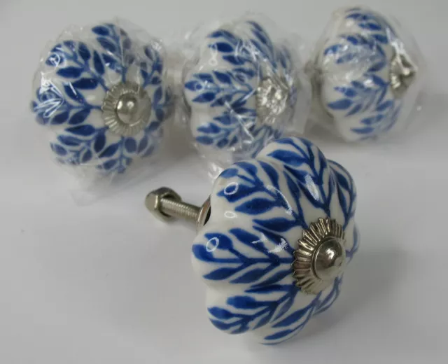 Lot of 4 New Porcelain Ceramic White Blue Floral Drawer Cabinet Knobs Pulls 1.5"