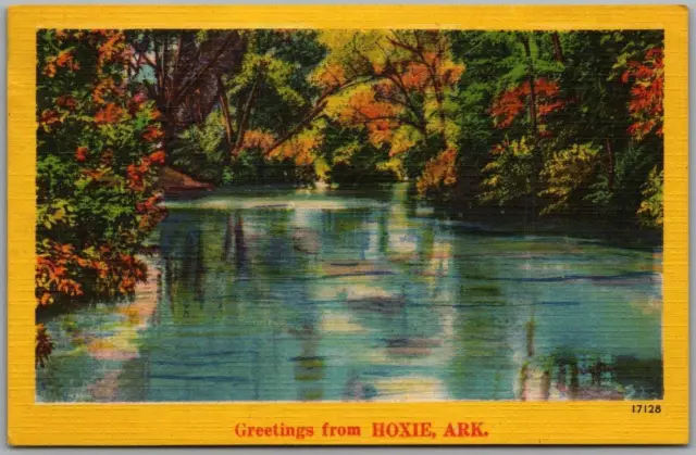 HOXIE, Arkansas Greetings Postcard River Scene / Autumn Foliage Leaves / Linen