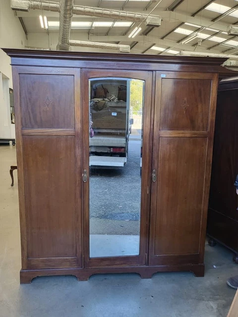 Antique mahogany Edwardian triple breakdown wardrobe shelves mirrored door