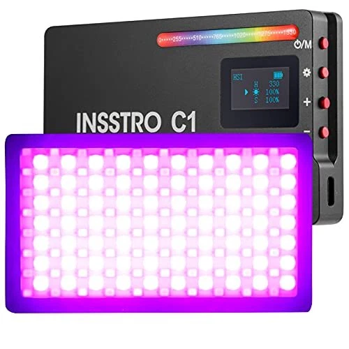 Panel de luz de video LED INSSTRO C1 RGB, luces de video a todo color en cámara con 10