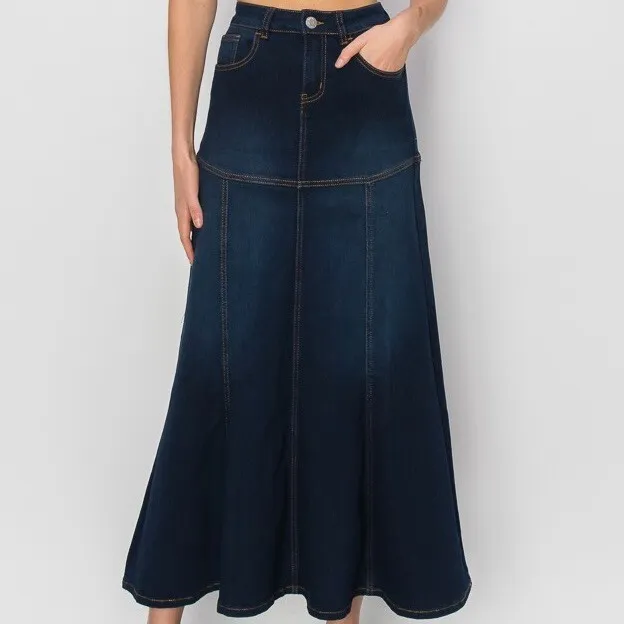 NWT Be-Girl Long Denim Jean Skirt Dark Blue A Line Flare Bottom Paneled Size XS