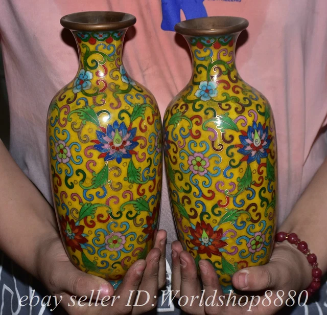 10" Marked Old Chinese Bronze Cloisonne Dynasty Flower Bottle Vase Pair