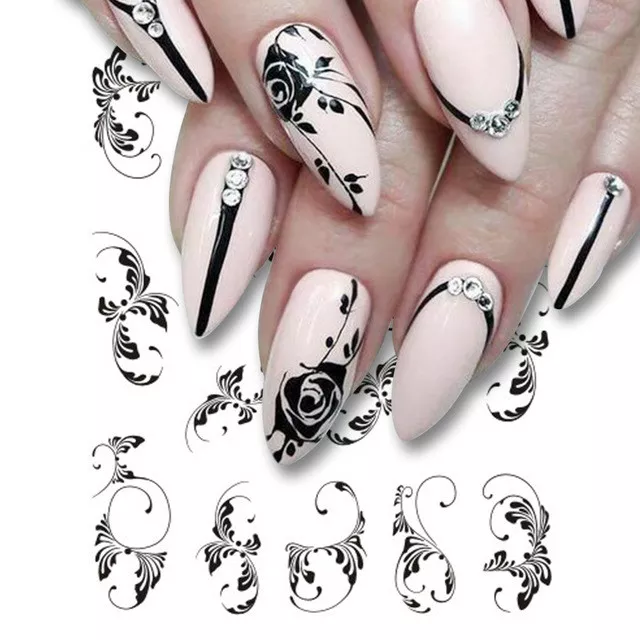Nail Art Water Decals Stickers Transfers BLACK Flowers Jewels Lace Floral (665A)