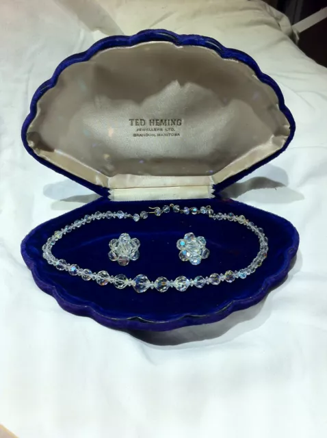 Antique Austrian Crystal Art Deco Necklace & Earings in Stunning Clam Velvet Box
