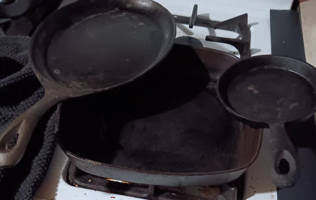 Cast Iron Skillets Lot 3 Square, Oval, Round
