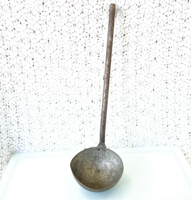 Antique OLD WEST HAND FORGED Iron Ladle 18" Long, Rat-Tail, Hook Handle, 5" Bowl