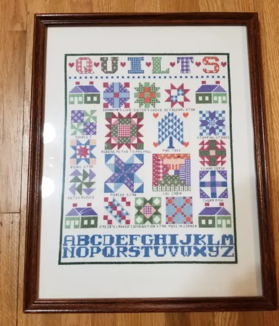 COMPLETED 15 x 19" Counted Cross Stitch QUILT PATTERN SAMPLER Framed Glass