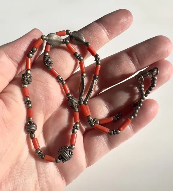 Vintage Silver Natural Hand Carved Large Tibetan Red Coral Beaded Necklace 17.5"