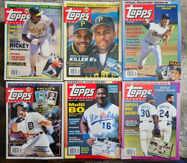 (6) Topps Magazine w/ Posters 1990s (Bonds, Ryan, Fielder, Griffey, Jackson)