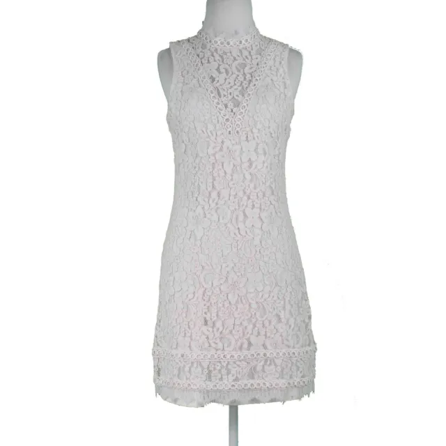 Kensie Sz 6 Ivory Lace Overlay Lined High Neck Back Keyhole Cotton Blend Dress