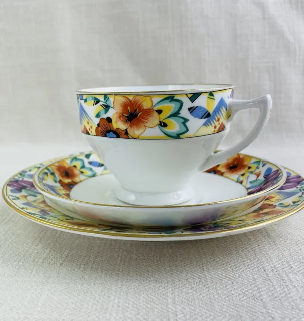 Radfords Crown China Tea Trios Art Deco Cups Saucers Side Plates Floral