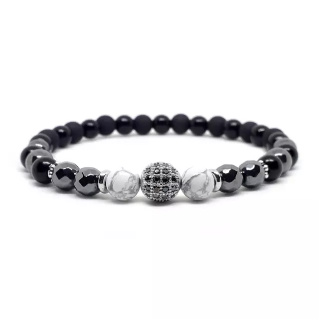 Bracciale Sfera Pavé con Zirconi Nero e Howlite con perle Pietre dure Uomo Donna