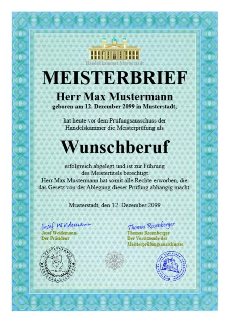 Premium Meisterbrief Meisterurkunde Meistertitel Fälschungssicher- UK-10536