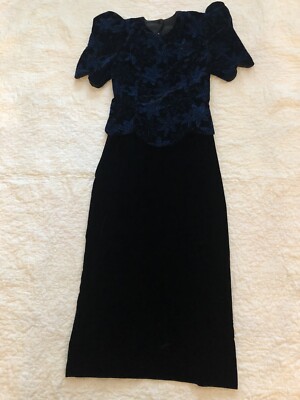 Scott McClintock vintage 80's black velvet w/ blue  floral sparkles party dress