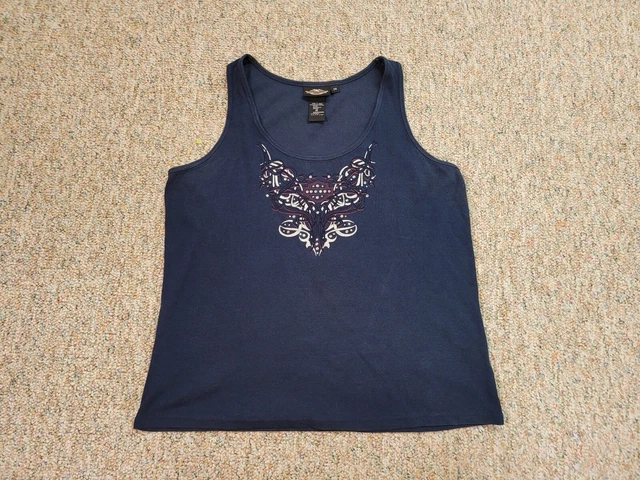 Harley Davidson Shirt Womens 2W 22-24W Blue Motorcycle Rider Tank Top Rhinestone