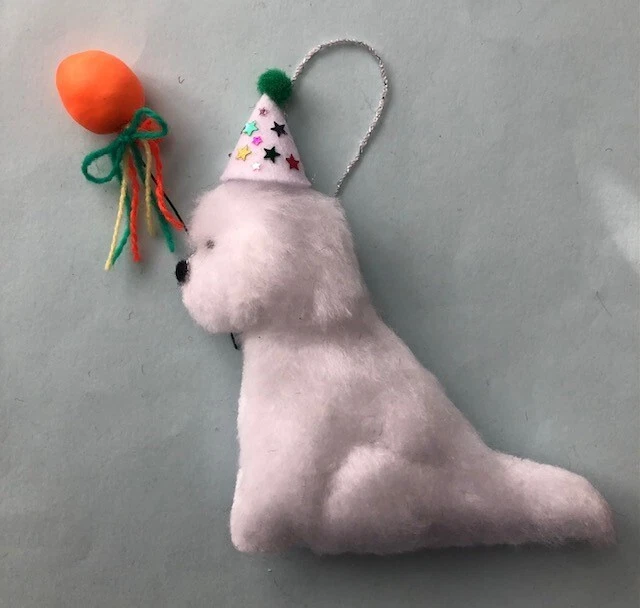 BICHON FRISE with PARTY HAT & BALLOON - PART NEEDLE FELTED DOG