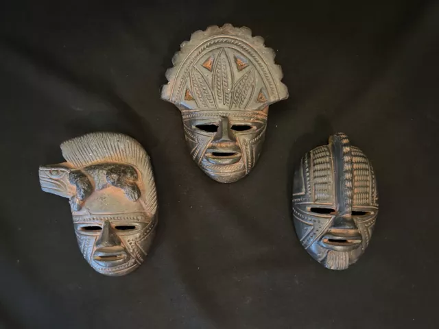 Set of 3 Vintage Venuzuelan Indian Clay Warrior Mask Wall Art Souvenir