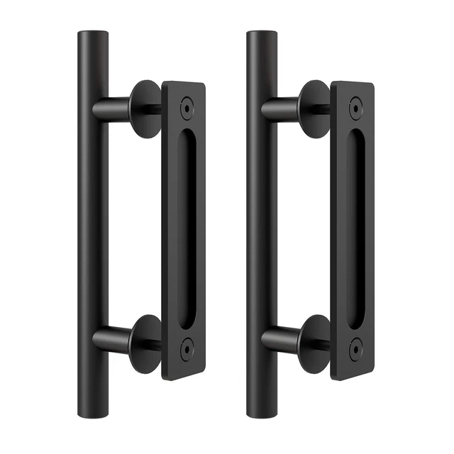 12" Heavy Duty Pull And Flush Door Handle Set In Black Sliding Barn Door Handle