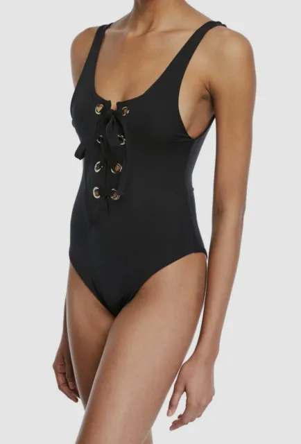 $275 Mara Hoffman Womens Black Solid Desa Lace-Up One-Piece Swimsuit Size Medium