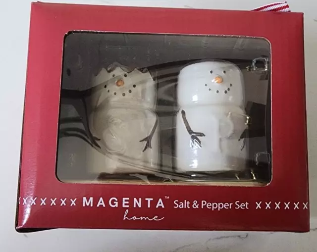 Rae Dunn Magenta Marshmallow Snowman & Snowwoman SALT & PEPPER Shakers FREE SHIP