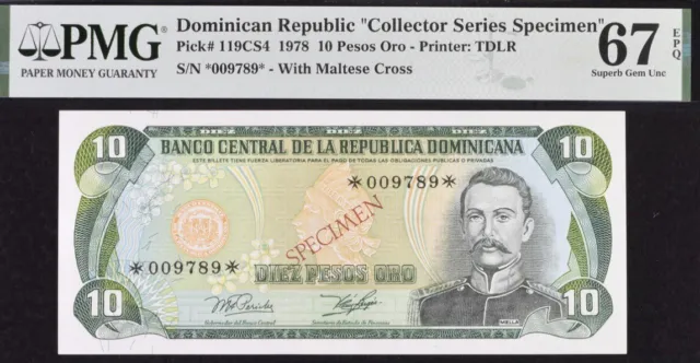 Dominican Republic 10 Pesos Oro Pick# 119CS4 1978 Specimen PMG 67 EPQ SG Unc