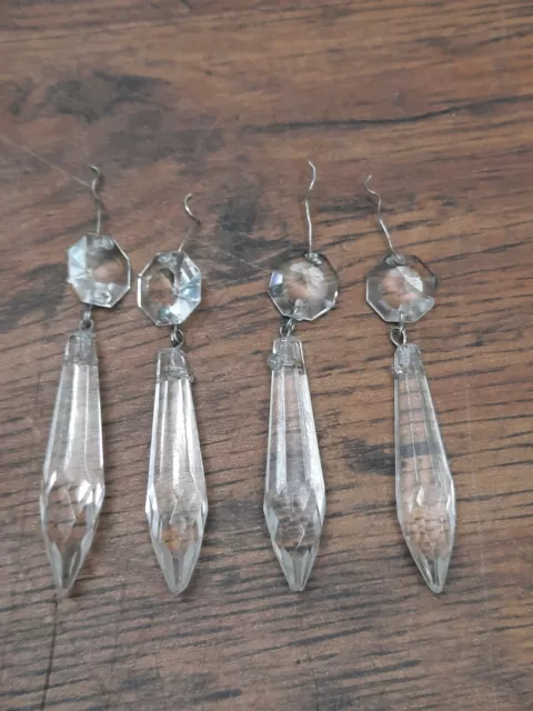 4 X ORIGINAL VINTAGE CUT GLASS / CRYSTAL CHANDELIER DROPLETS 63mm approx icicles