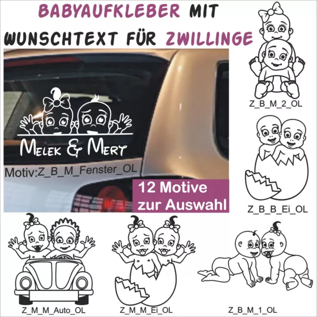 Babyaufkleber Auto Sticker Wunschname + Baby on Board Baby-Motive für Zwillinge