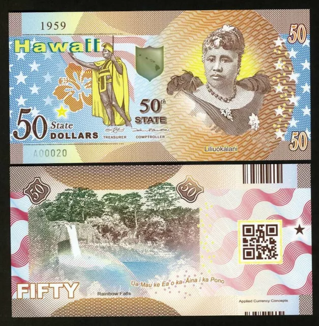 USA States, Hawaii $50, Polymer, ND (2021) - liliuokalani, Rainbow Falls