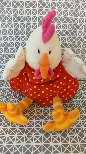 Doudou marionnette poule blanc rouge jaune pois grelot Lilliputiens