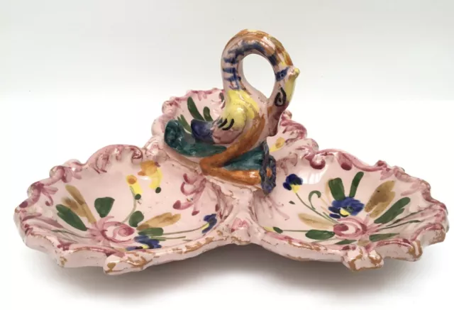 Vintage Italian Majolica Pottery Swan Floral Condiment Tray Dish W/ Handle Italy