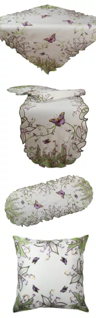 Papillons magnifique et Fleurs lilas Broderie Chemin de table Nappe Blanc