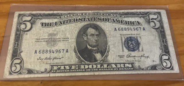 1953 $5 Silver Certificate Blue Seal Rare Note!