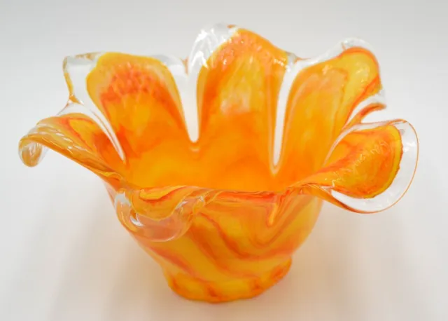 Brilliant Orange Glass Petal Bowl Tropical Flower 8" Diameter EUC 2
