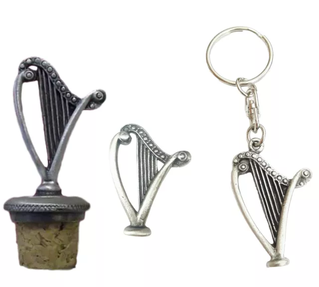 Gift Set Harp Ireland  Hand Crafted Pewter Bottle Stopper, Badge And key ring