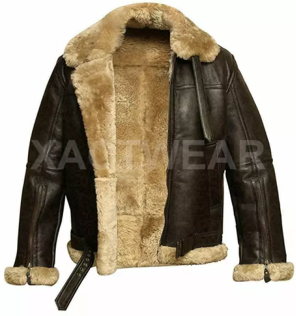 Men RAF B3 Aviator Pilot Bomber Fur Shearling Sheepskin Leather Brown Jacket