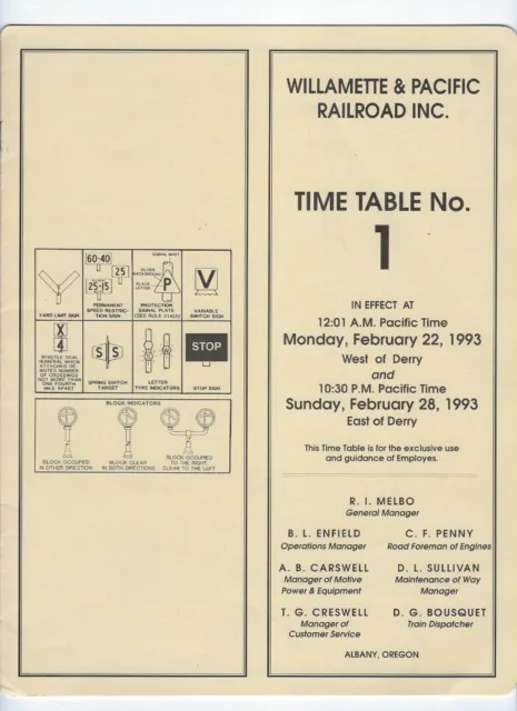 2 Railroad Timetables Willamette & Pacific 1993 Burlington Northern Lakes 1989